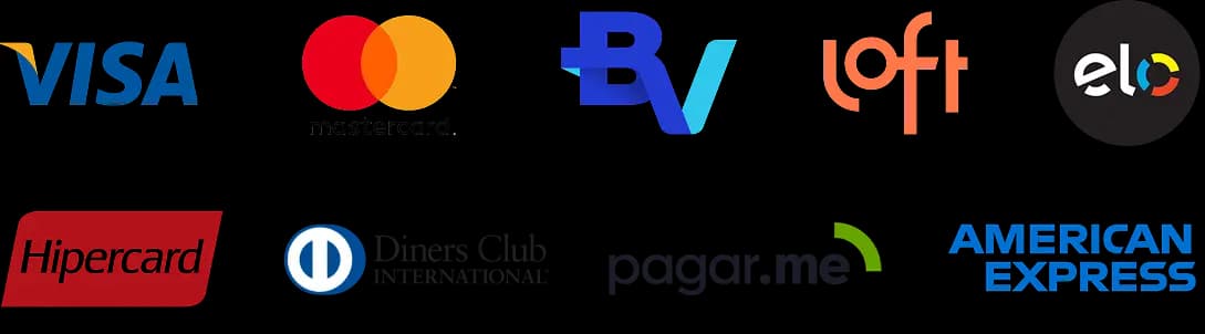 Logos de parceiros: Visa, Mastercard, BV, Loft, Elo, Hipercard, Diners, Pagar.me, Amex